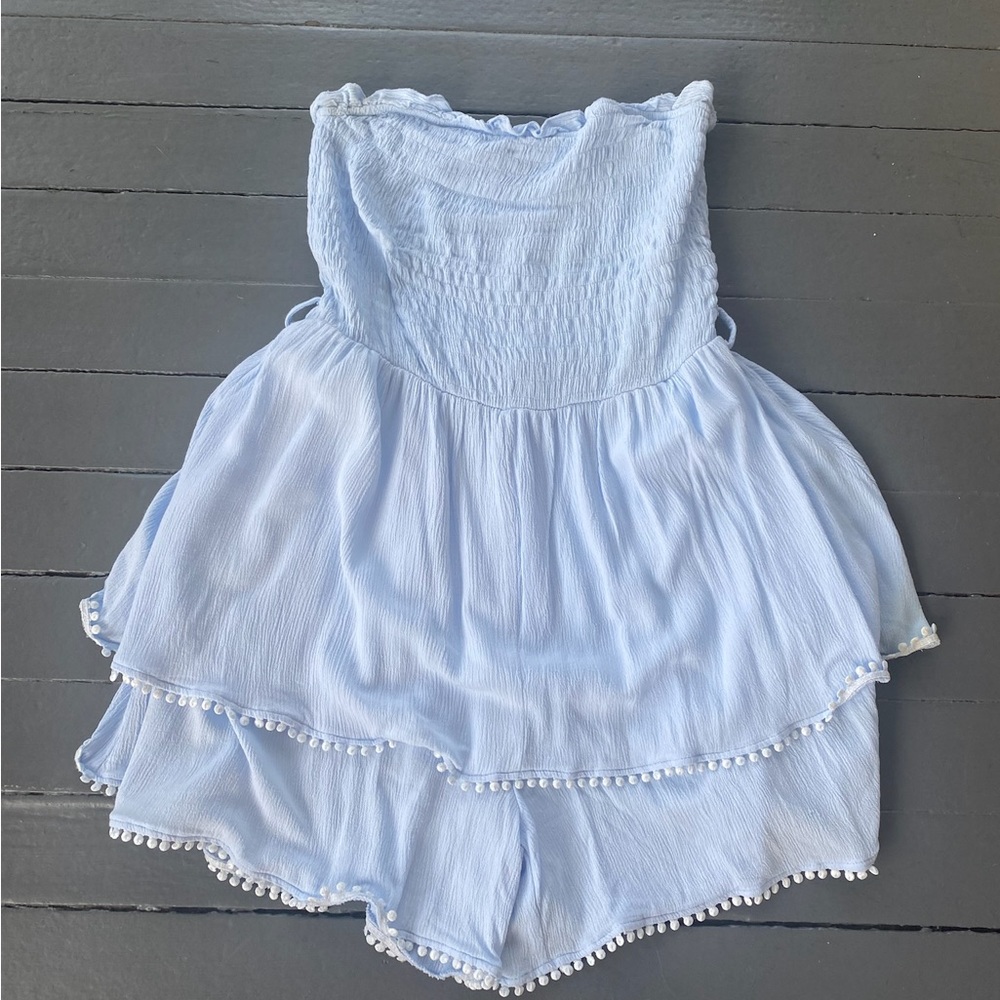 Light blue medium strapless ruffled romper
